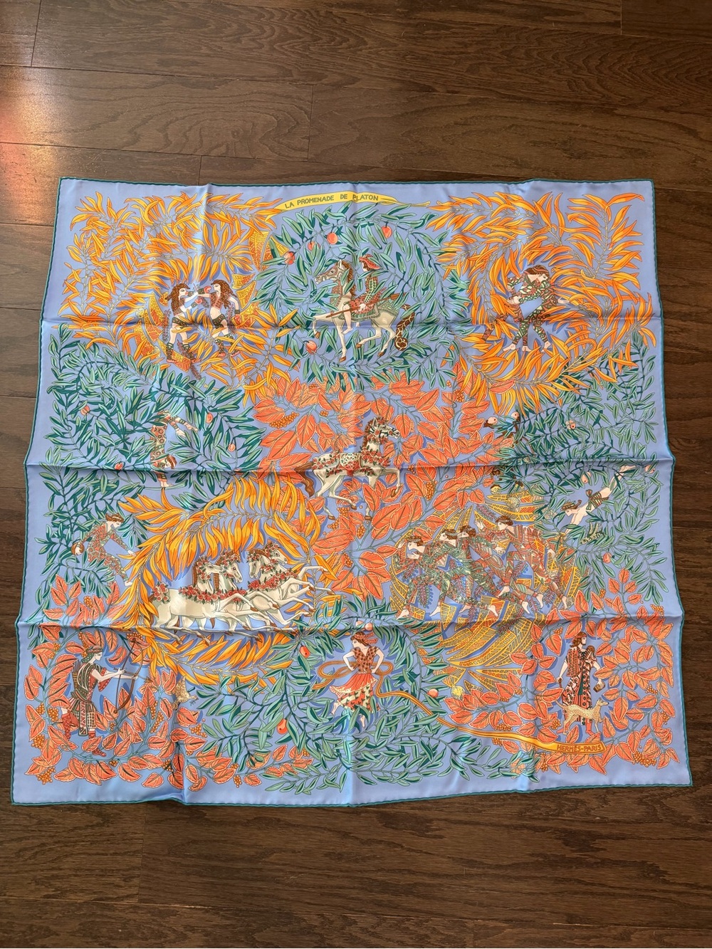 NWT Hermes Colorful Botanical Silk Scarf with Orange & Blue Motif
